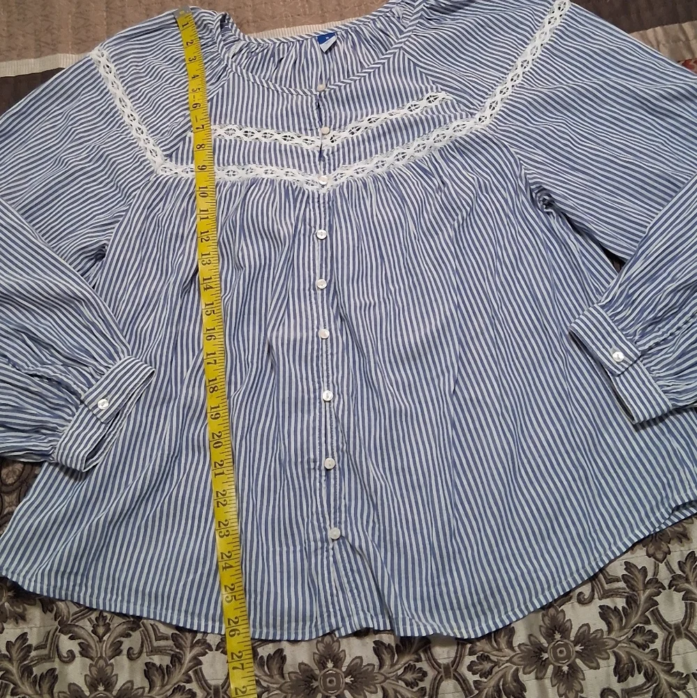 Old Navy Puff Sleeve‎ Lace Button Front Striped Blouse Lightweight Peasant Boho